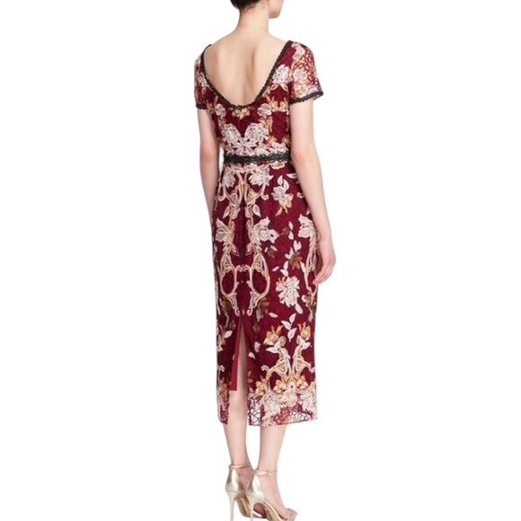 MARCHESA NOTTE Embroidered Guipure Tea Dress 4 Floral Metallic Holiday Party - Picture 7 of 16
